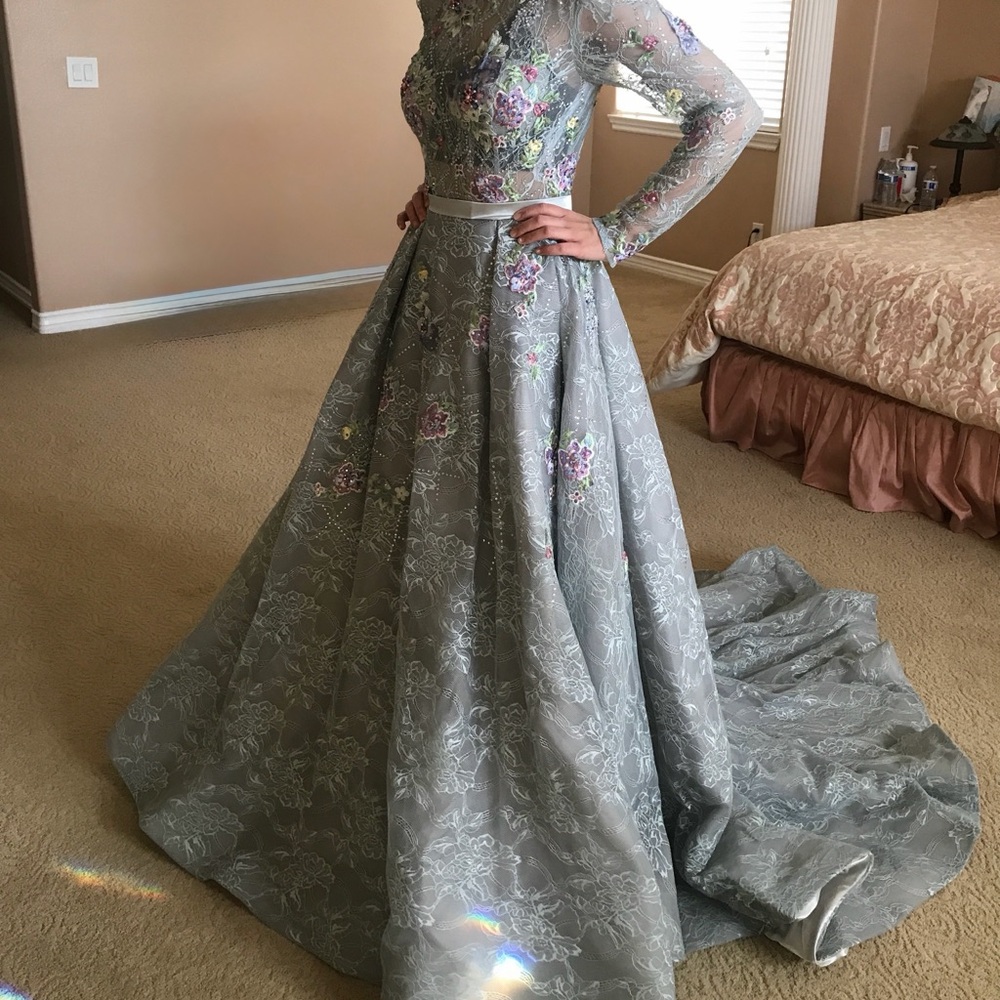 Jovani Floral Embroidered Maxi Gown with Pastel Accents and jewels